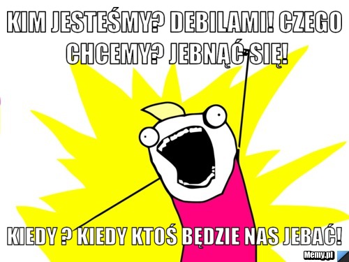 Kim jesteśmy? Debilami! Czego chcemy? Jebnąć się! Kiedy ? Kiedy ktoś będzie nas jebać!