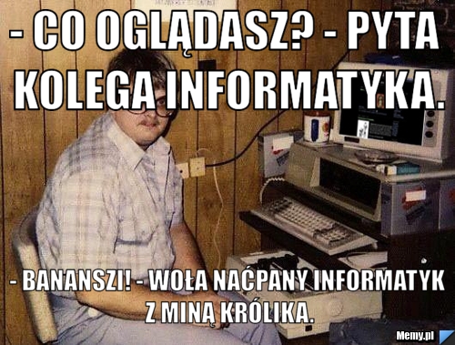 - Co oglądasz? - pyta kolega informatyka. - BANANSZI! - woła naćpany informatyk z miną królika.