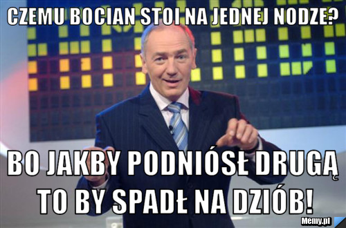 Czemu bocian stoi na jednej nodze? Bo jakby podniósł drugą to by spadł na dziób!