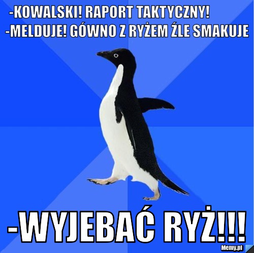 -Kowalski! raport taktyczny!             -melduje! gówno z ryżem źle smakuje -Wyjebać ryż!!! 