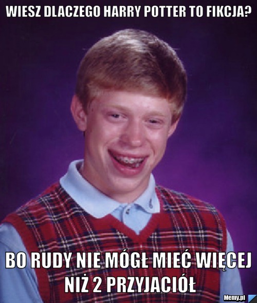 Wiesz dlaczego harry potter to fikcja? bo rudy nie mógł mieć więcej niż 2 przyjaciół