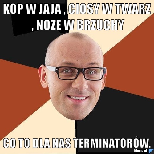 Kop w jaja , ciosy w twarz , noze w brzuchy Co to dla nas terminatorów. 