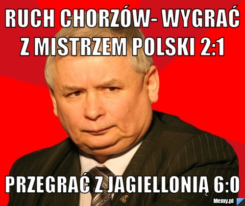  Ruch Chorzów- Wygrać z mistrzem polski 2:1 Przegrać z Jagiellonią 6:0